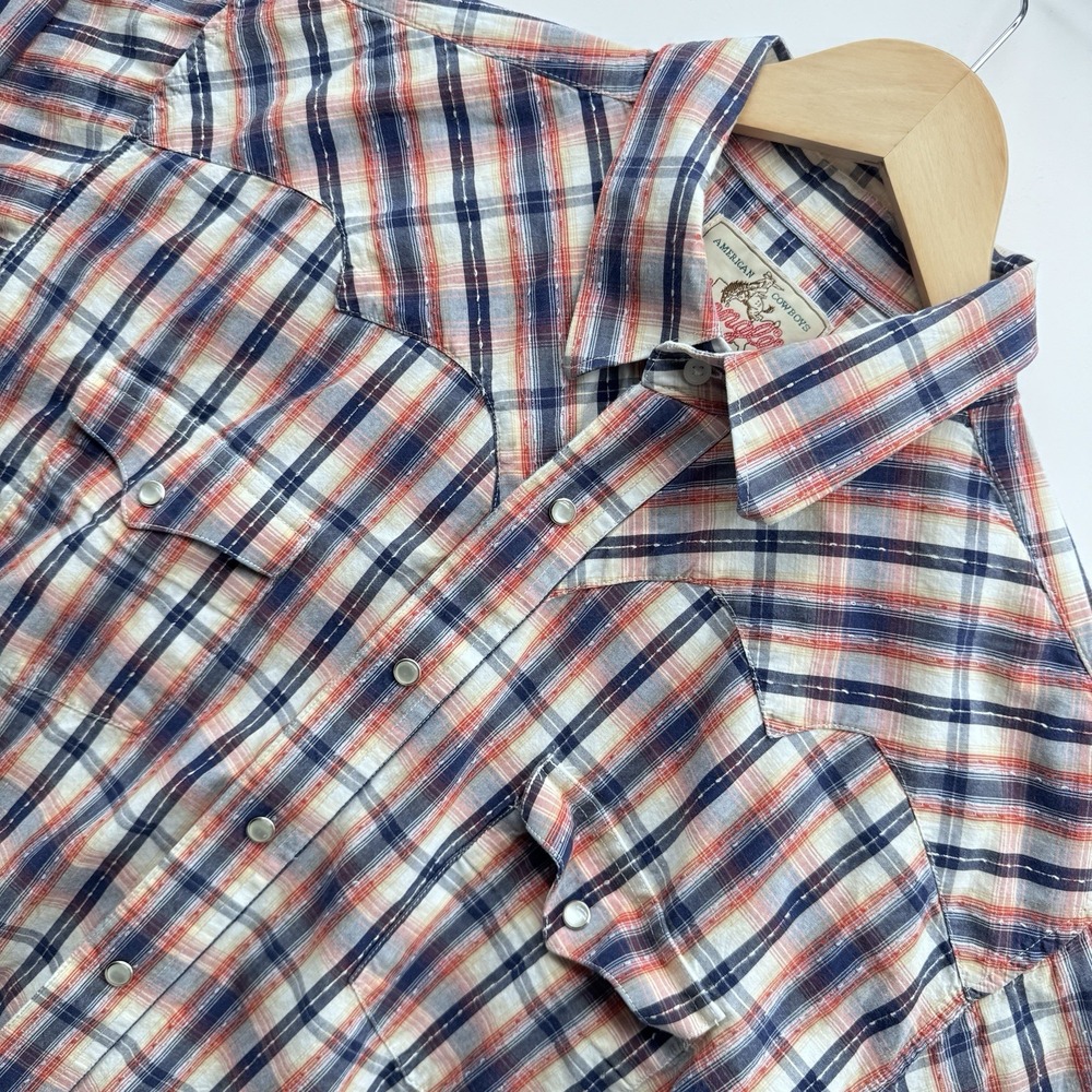 Wrangler American Cowboys Western Pearl Snap Shirt Mens L Plaid Metallic Lurex